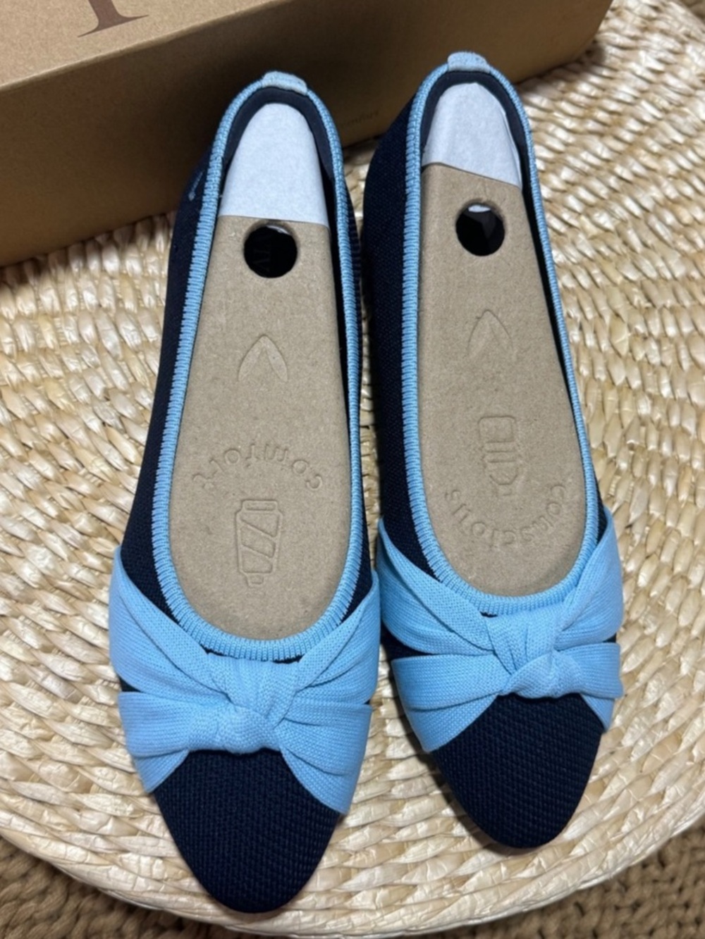 VIVAIA Navy Blue Knit Ballet Flats with Light Blue Ribbon Detail EU/39.5 US/8.5